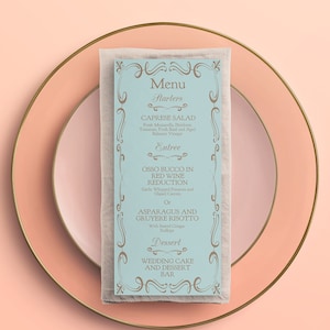 Patisserie Französisch inspirierte Hochzeitsmenüvorlage, Pariser Blau Vintage inspiriertes Hochzeitsmenü, romantische Blau- und Goldpartymenüvorlage
