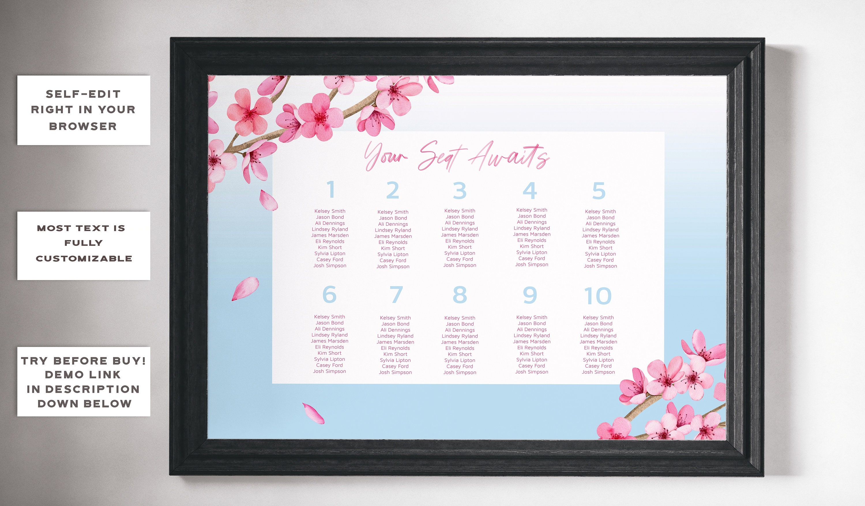 Editable Cherry Blossom Seating Chart Template, Spring Wedding, Wedding Seating Chart Sign