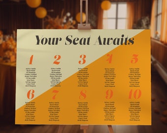 Customizable Retro Seating Chart Template, 70s Retro Wedding, Yellow Wedding Seating Chart Sign, Editable Text, Instant Download, Corjl,