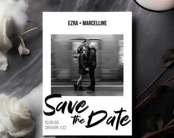 Dramatic White Photo Save the Date Evite and Printable Invitation/ Downloadable Template/Editable Text, 5x7 Invite and digital invitation