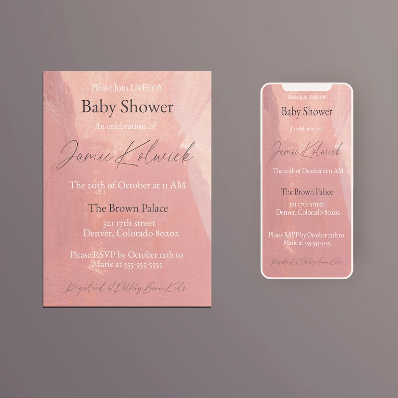 Blush Abstract Baby Shower Evite and Printed 5x7 Template/pink Baby