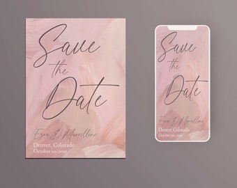 Contemporary Pink Abstract Save the Date, Modern Pink Abstract Save the Date Template, Blush Pink Digital Save the Date, Dusty Pink Invite