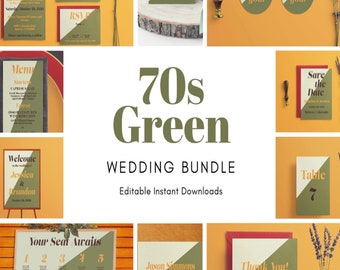 70s Wedding Bundle/ Invitation Suite/ Retro Wedding Template/DIY Wedding Bundle/Print at Home Invite/Wedding Menu/Wedding 70grn