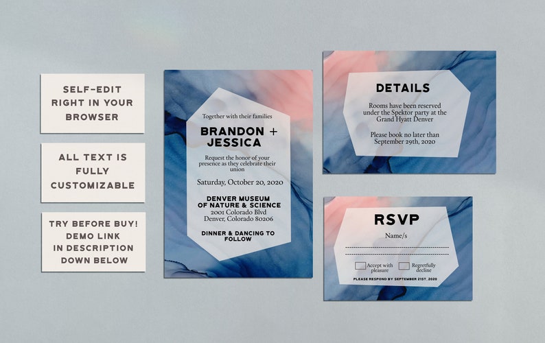 Blue and Blush Pink Watercolor Modern Invitation Templatewatercolor invitation printableprintable wedding invitation wedding download