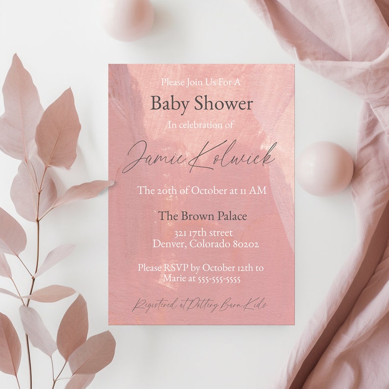 Blush Abstract Baby Shower Evite and Printed 5x7 Template/pink Baby