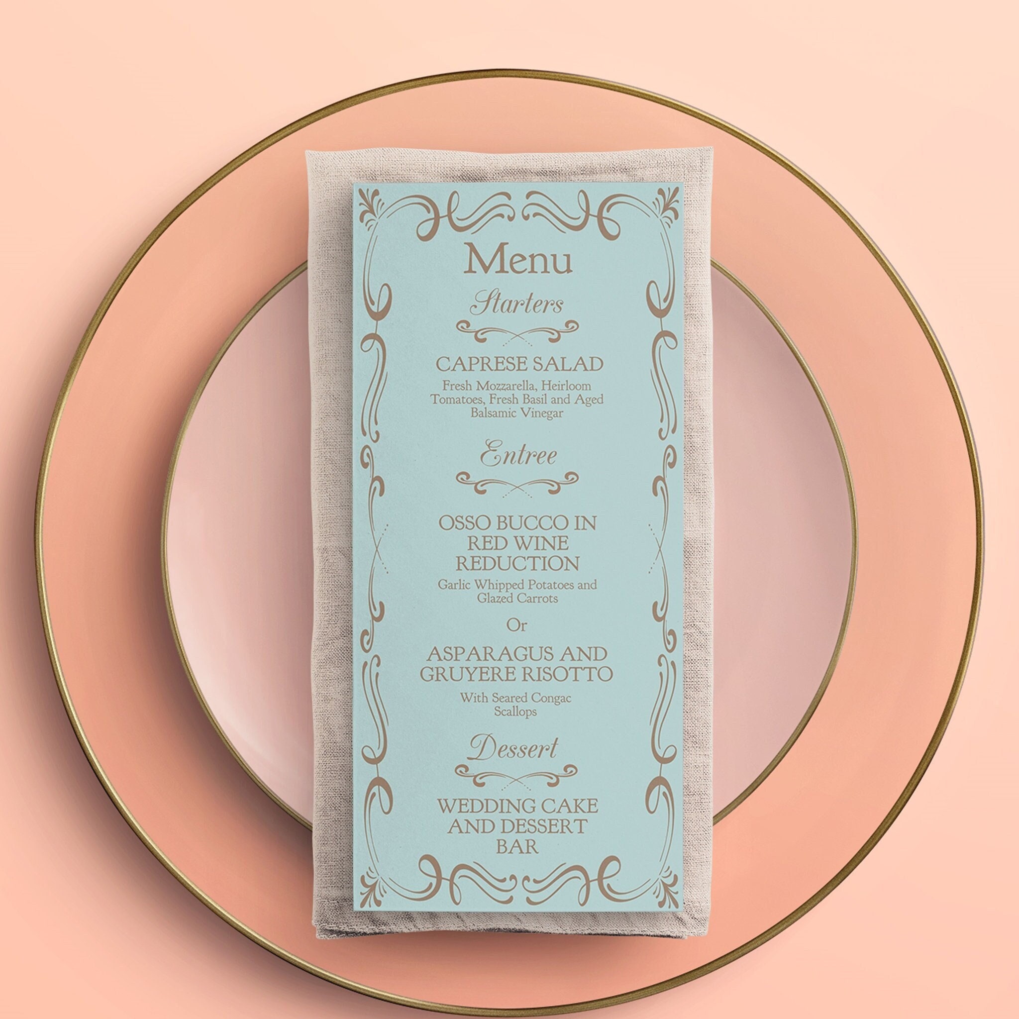 Patisserie French Inspired Wedding Menu Template, Parisian Blue Vintage Inspired Wedding Menu, Romantic Blue and Gold party menu template