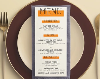 Printable Wedding Menu Template/Retro Orange Wedding Menu Download/DIY Wedding Menu/Editable Menu Card Wedding/Instant Download/Corjl