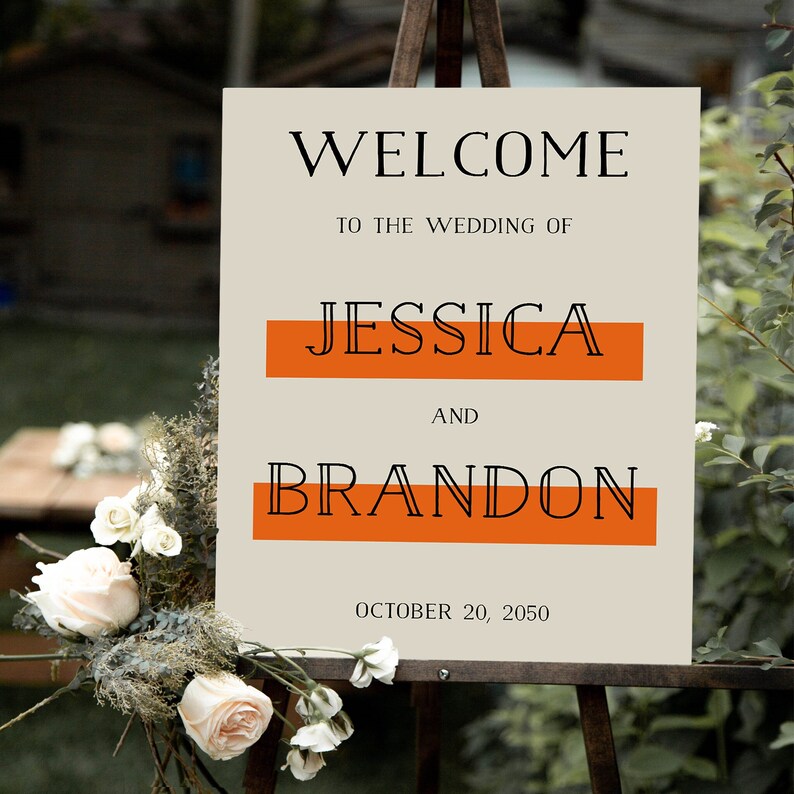 Printable Wedding Sign Template/Welcome Wedding Sign Download/Editable Retro Orange Welcome Sign/DIY Wedding Welcome Sign/Wedding Signage image 1