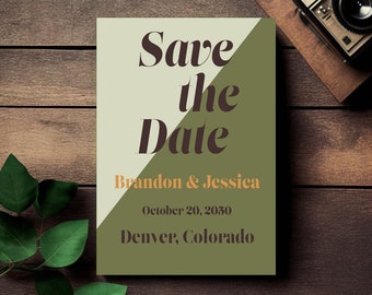 70s Wedding Save the Date Template/ Retro Wedding Invitation Save the Date/Corjl Instant Download/Green Wedding Digital Download