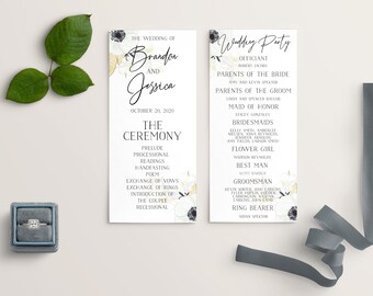Anemone Wedding Program Template: Watercolor Floral, Editable Text (Instant Download)