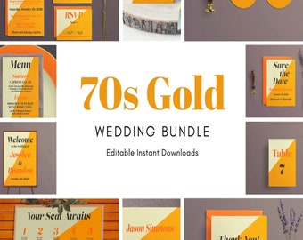 70s Wedding Bundle/ Invitation Suite/ Gold Retro Wedding Template/DIY Wedding Bundle/Print at Home Invite/Wedding Menu/Wedding welcome 70gld