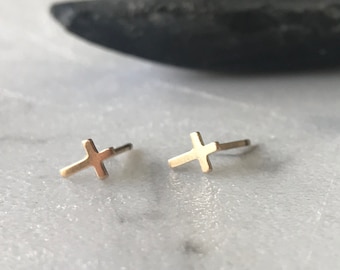14Kt Gold Cross Stud Earrings, Minimalist Religious Jewelry