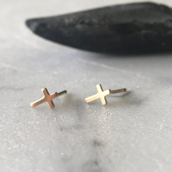 14kt Solid Gold Cross Stud Earrings 14Kt Gold Filled Cross Earrings Gold Cross Studs Gold Studs Stud Wedding Bridesmaid Gift 100% Recyclable