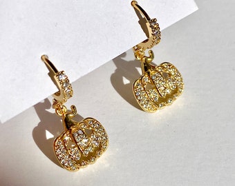 Gold Diamond Pumpkin Huggies Gold Diamond Pumpkin Hoops Halloween Huggies Silver Pumpkin Earrings CZ Jackolantern Huggie 100% Recyclable