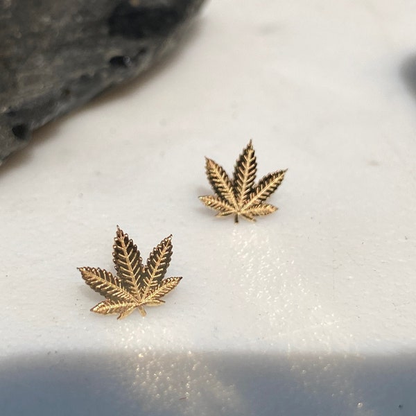 14kt Solid Gold Weed Stud Earrings 14kt Gold Cannabis Earrings Marijuana Leaf Gold Studs Gold Studs Geometric Studs Gift Hypoallergenic