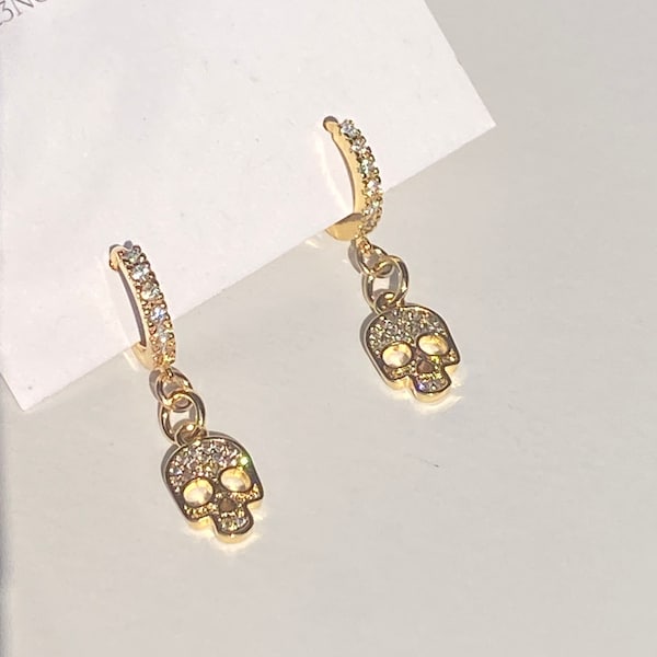 Gold Diamond Skull Huggies Gold Diamond Skull Huggies Halloween Huggies Gold Skull Earrings CZ Skull Huggie Earrings Gold Fall Hoops