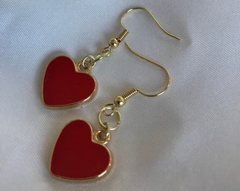 14kt Gold Red Heart Earrings Gold Heart Dangling Earrings Red Heart Earrings Gold Heart Jewelry 14kt Gold Heart Earrings Hypoallergenic