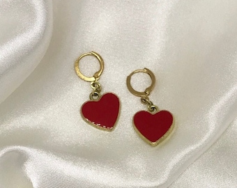 Gold Red Heart Huggie Earring 14kt Gold Heart Earrings Gold Vermeil Heart Huggie Earrings Romantic Valentines Day Gift Earrings Heart Gift