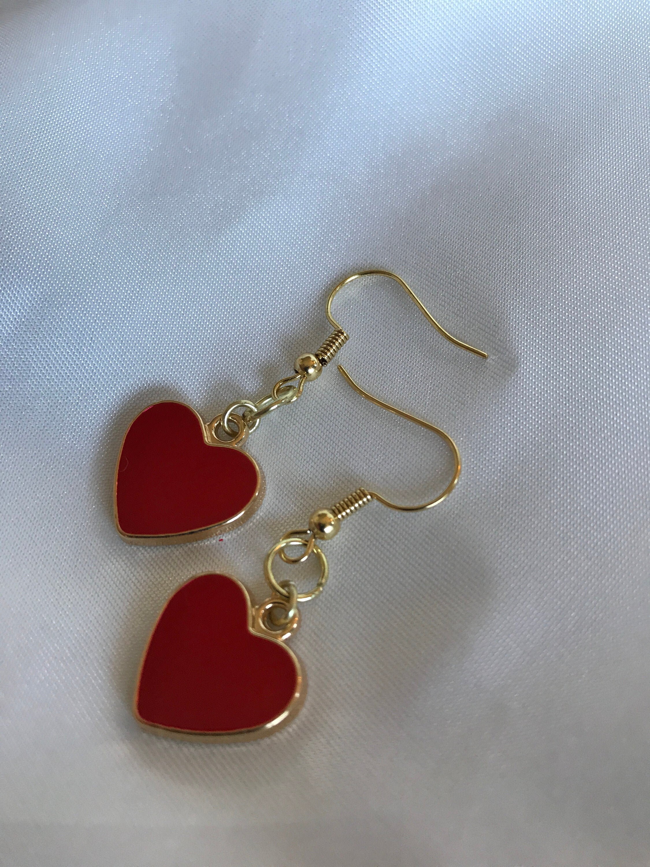 14kt Gold Red Heart Earrings Gold Heart Dangling Earrings Red - Etsy