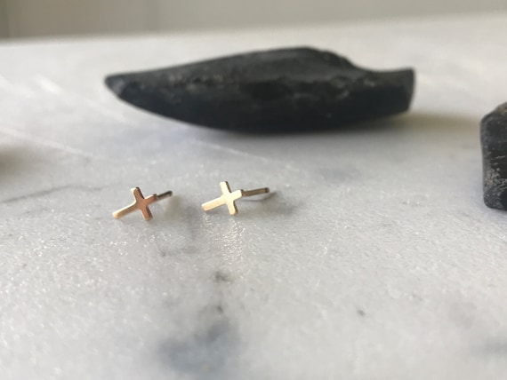 14Kt Gold Cross Stud Earrings, Minimalist Religious Jewelry