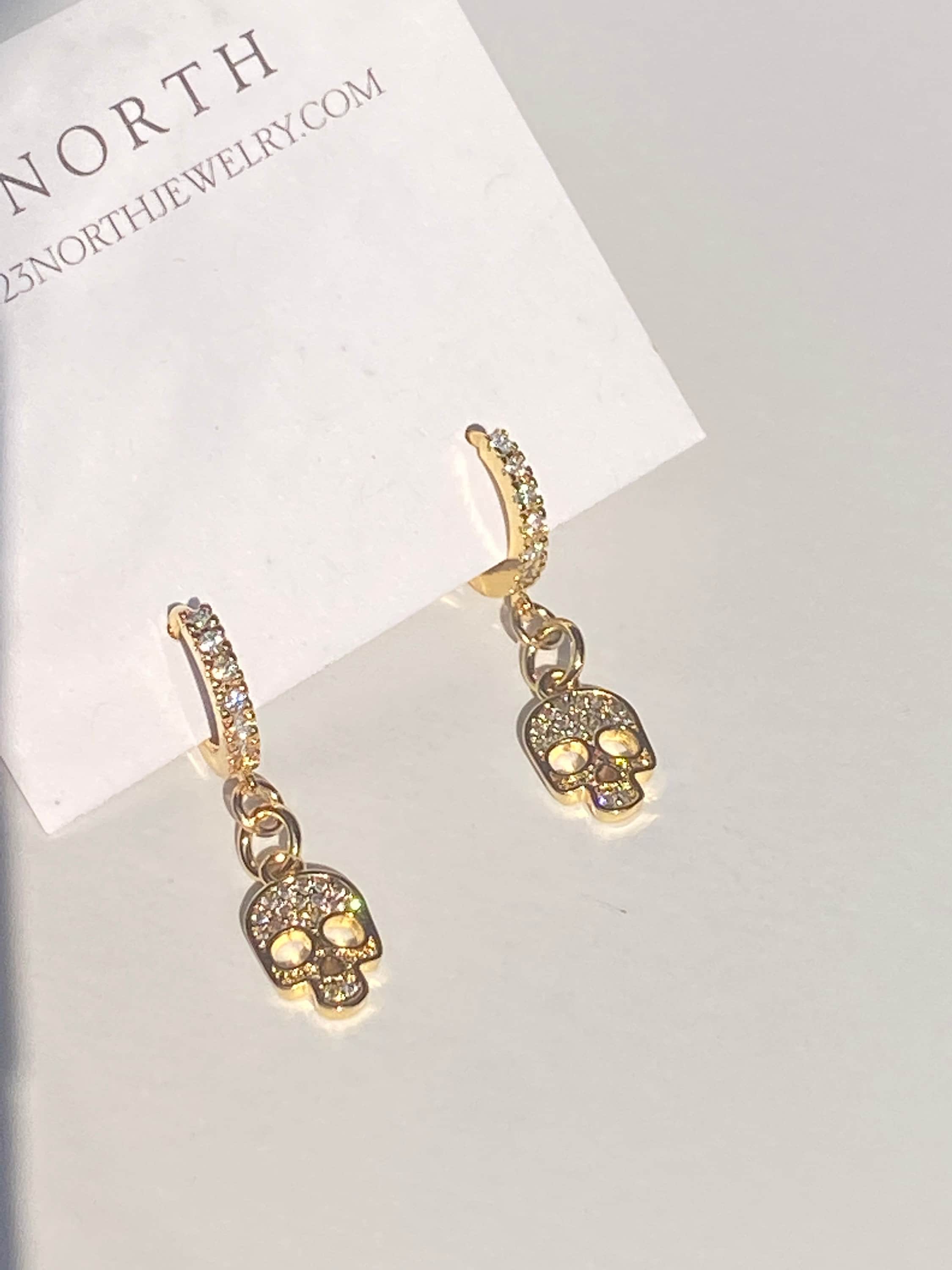 Gold Diamond Skull Huggies Gold Diamond Skull Huggies Halloween Huggies Gold Skull Earrings CZ Skull Huggie Earrings Gold Fall Hoops