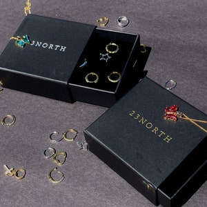 May include: Black jewelry boxes with the text "23 NORTH" and various earrings and a necklace. The earrings include hoops, star-shaped, and cross designs. The necklace features a red pendant. The jewelry is gold and silver.