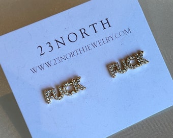 Gold 'F*ck' Stud Earrings | 24kt Gold Fill, CZ Accent