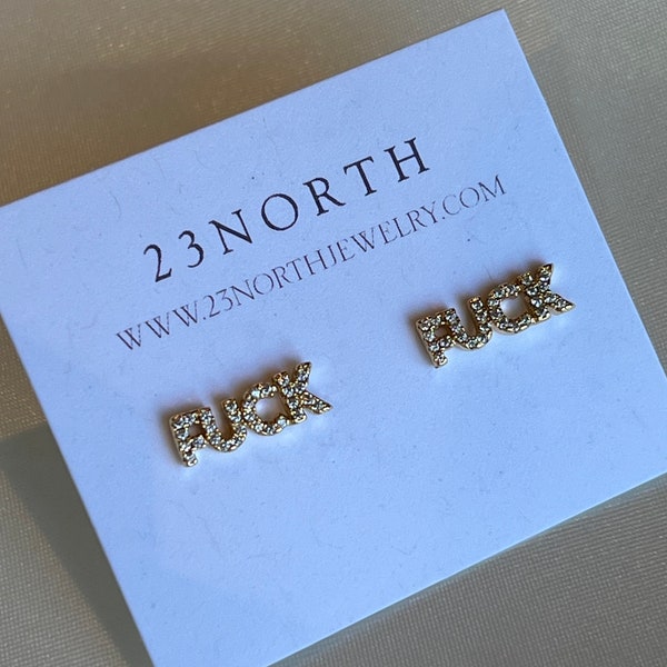 Gold Diamond Fuck Stud Earrings | Gold Fuck You Studs Fuck Gold Fuck Earrings CZ Gold Jewelry 100% Recyclable Hypoallergenic