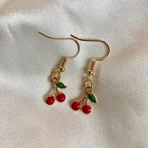 14kt Gold Cherry Earrings Handmade Earrings Gold Cherry Earrings 14kt Gold Earrings Red Earrings Gold Cute Gift Food Earrings Fruit Earrings