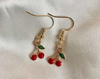 14kt Gold Plated Cherry Earrings, Cute Fruit Jewelry