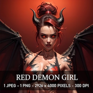 Descarga digital de Red Demon Girl - Cuento de hadas gótico escarlata de fantasía - Imagen de archivo imprimible con impresión artística de IA PNG