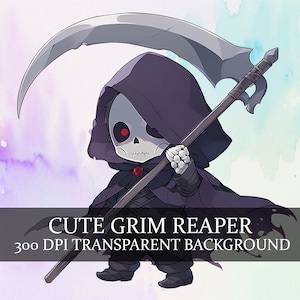 27 süße Sensenmann Clipart PNG Bundle, Chibi Reaper PNG, süße Skelett Tod Clipart Bundle, entzückende Seelensammler Kunst