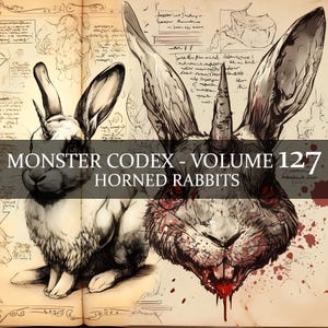 Códice de monstruos de 8 páginas, volumen 127, Bestiario de monstruos, vol. 127, códice de fantasía del Bestiario del conejo cornudo en 8 JPG, diario basura del conejo monstruo LARP