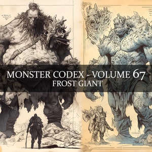 Códice de monstruos de 17 páginas, volumen 67, Bestiario de monstruos, vol. 67, códice de fantasía Bestiario de gigantes de hielo, diario basura Grimoire de gigantes de hielo LARP, 17 páginas JPG
