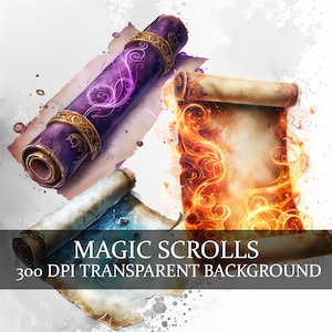 27 Collezione di clip art di pergamene magiche: pergamene magiche fantasy, pergamene elementali, pergamene di fuoco, pergamene d'acqua, pergamene arcane, pergamene magiche