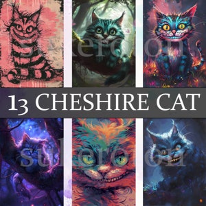 13 Cheshire Cat Printable Fantasy Cheshire Digital Paper, Alice in Wonderland Digital Paper, Cheshire Cat Cards, Seamless Pattern
