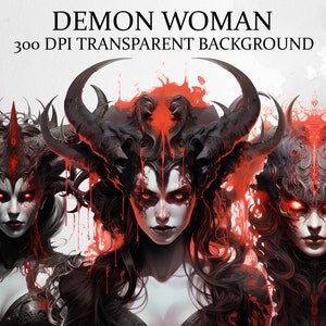 22 Demon Woman Acuarela Clipart, Clipart gótico PNG, Vampiro espeluznante, Imágenes prediseñadas de arte de fantasía aterradora, Artesanía de papel - Diario basura, Scrapbooking