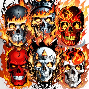 15 Clipart di teschi di fuoco, PNG di teschi di fiamma, bundle di teschi di fuoco