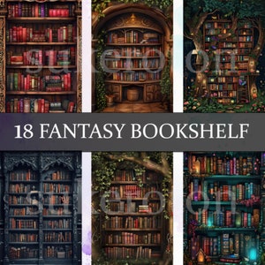 18 Fantasy boekenplank patroon bundel digitale papieren JPG, naadloze betoverde boekenplanken mythische objecten, Fantasy Book Rack naadloos patroon