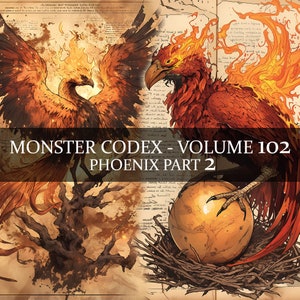 13 pages Monster Codex Volume 102, Monster Bestiaire Vol 102, 13 JPG Phoenix Partie 2 Bestiaire Fantasy Codex pour Junk Journal Firebird GN Prop