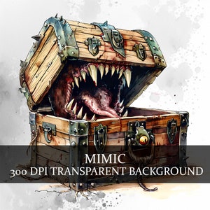 Pacote de 27 clipart de imitação PNG, monstro de imitação, baú de tesouro de madeira, pacote de clipart de monstro de fantasia de imitação