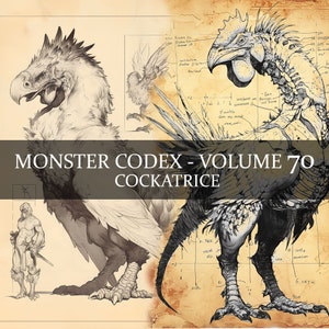 Códice de monstruos de 13 páginas, volumen 70, Bestiario de monstruos, vol. 70, 13 páginas en formato JPG, Códice de fantasía del Bestiario de Cockatrices, diario basura de Cockatrices, accesorio LARP