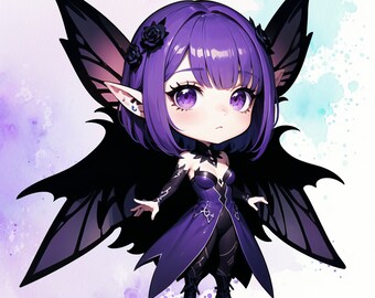 Purple Goth Girl Chibi Fairy Princess 21 PNG Clipart Bundle