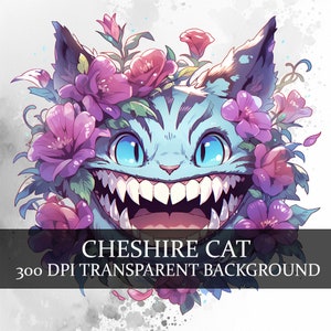 14 Flower Cheshire Cat Clipart PNG Bundle, Dahlia Flower Cheshire Cat Téléchargements numériques, Iris Flowers Cheshire Cat Books Png Bundle