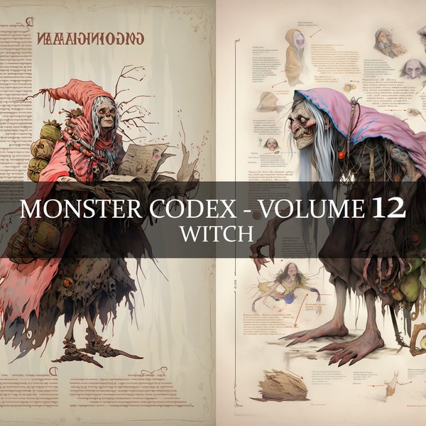 23 pages Monster Codex Volume Douze, Monster Bestiaire Vol 12, 23 JPG Sorcière Bestiaire Fantasy Codex, Ugly Hag Monster, Baba Yaga Clipart