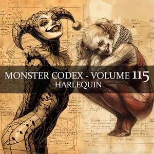 28 páginas Monster Codex Volume 115, Monster Bestiário Vol 115, 28 JPG Harlequin Bestiário Fantasia Codex, Fantasia Medieval Feminino Jester Codex