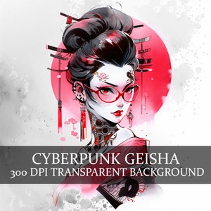 16 Cyberpunk Geisha, Cyberpunk Girl Clipart Pacote PNG, Cyborg Geisha, Cybernetic Geisha Clipart