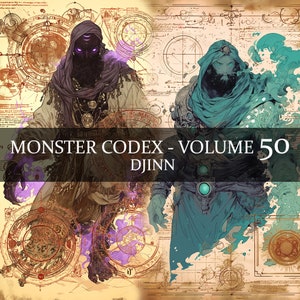 32 Página Monster Codex Volumen 50, Monster Bestiary Vol 50, 32 JPG Djinn Bestiary Fantasy Codex, Genie Grimoire Junk Journal LARP prop