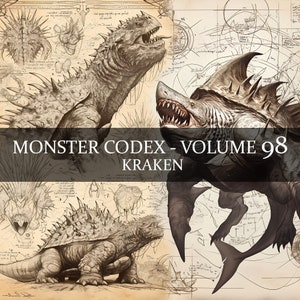 20 pages Monster Codex Volume 98, Monster Bestiaire Vol 98, 20 JPG Kraken Bestiaire Fantasy Codex, accessoire de GN du Journal des cliparts monstre des mers
