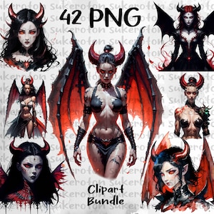 42 Hermosa mujer demonio Lilith Clipart Bundle, Acuarela Red Devil Dark Fantasy Clipart PNG Descarga digital